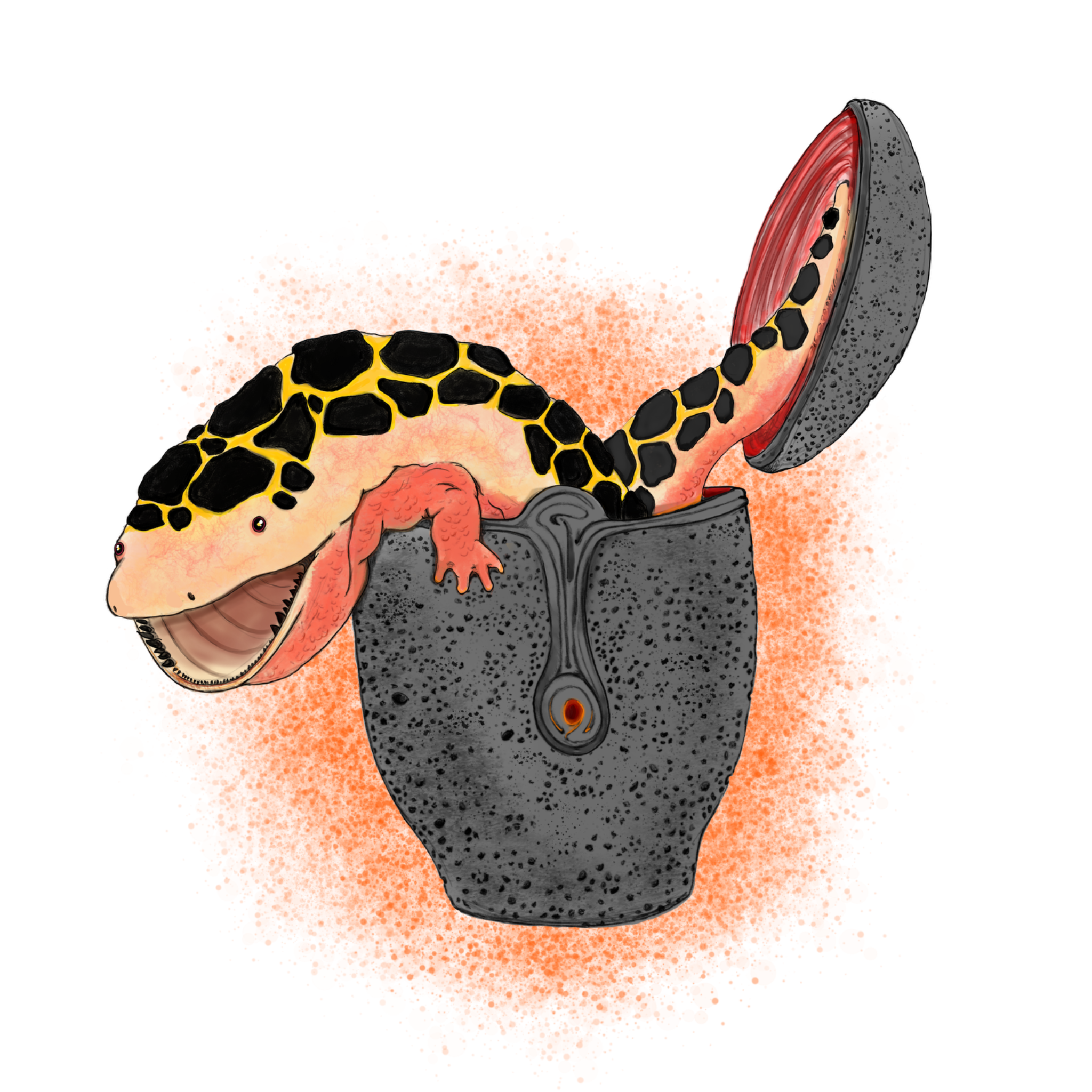 Magada in its Fractured form, emerging from its igneous urn with a fiery orange splash